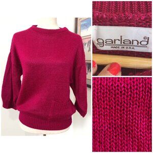 VTG 80s Garland Fuchsia Knit Sweater Tag L (Fit M) Pocket Detail Retro Fuzzy USA